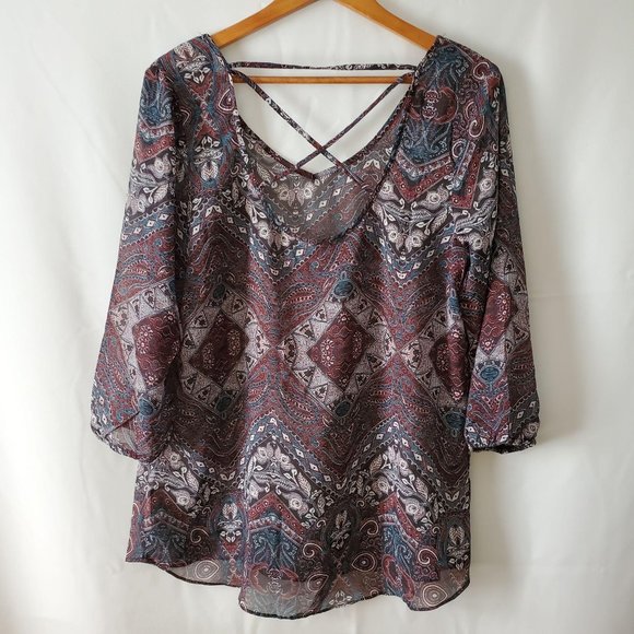 Maurices Women’s 3/4 Sleeve Lattice Back Tunic Blouse Burgundy/Teal Size Large - Picture 5 of 14